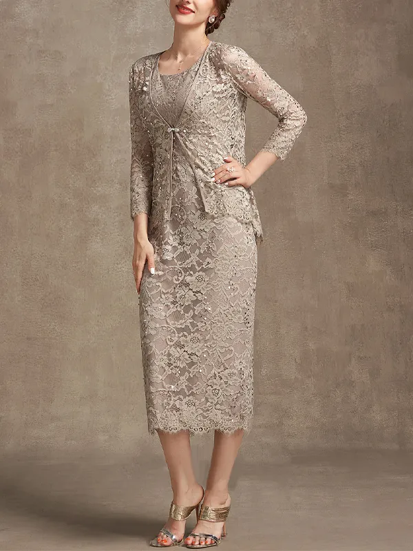 Lace Tea Roval Neck Dress Top Suit