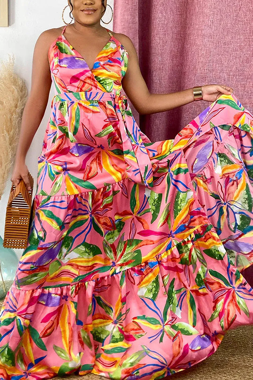 Printed Cross Strap Maxi Dress