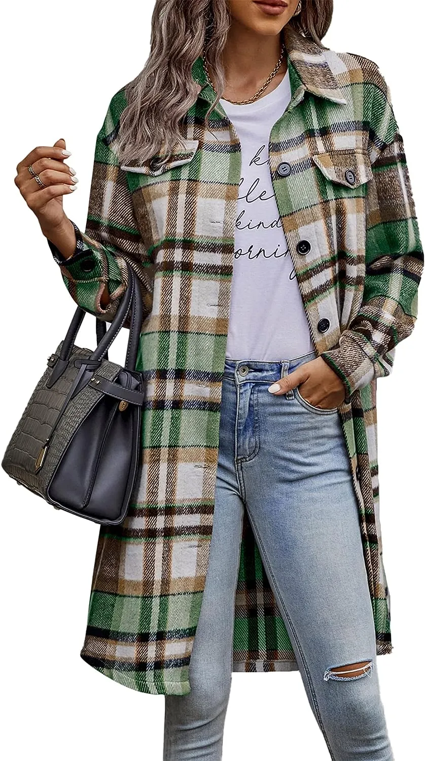 Women's Plaid Shacket 2023 Long Sleeve Button Up Flannel Shirt Winter Tartan Jacket Woolen Coats