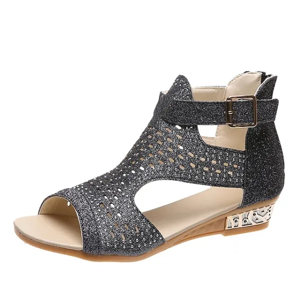 Women's Sandals Wedge Sandals Plus Size Party Outdoor Work Summer Spring Rhinestone Wedge Heel Peep Toe Elegant Classic Casual Faux Leather Zipper Solid Color Black Gold Beige