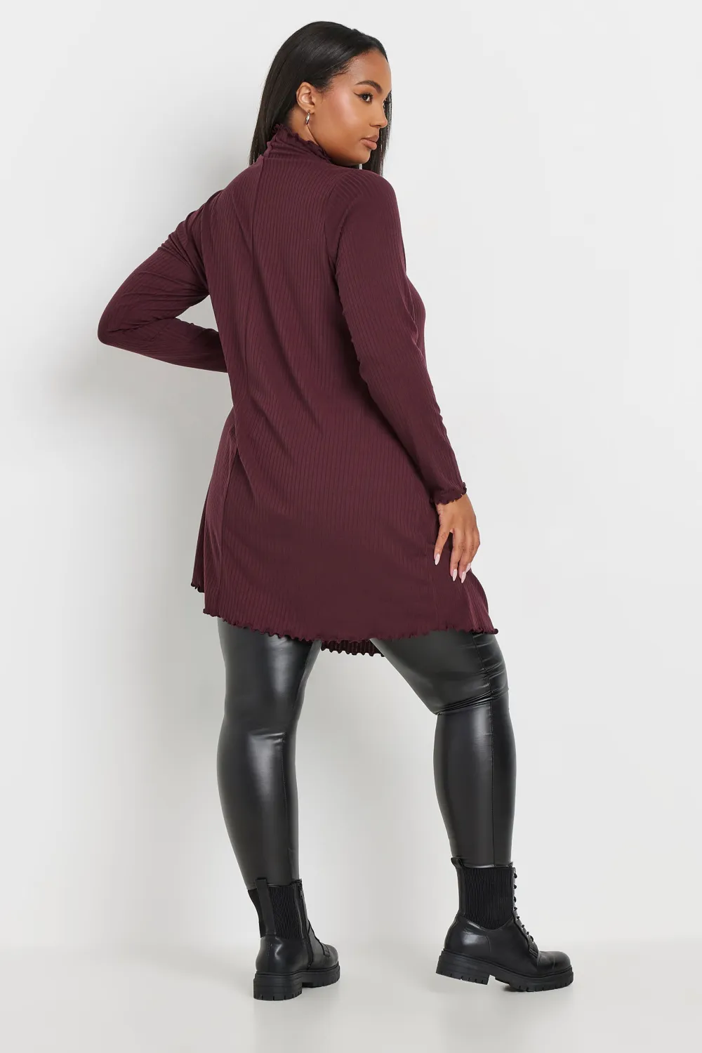 YOURS Curve Burgundy Red Lettuce Edge Tunic Dress