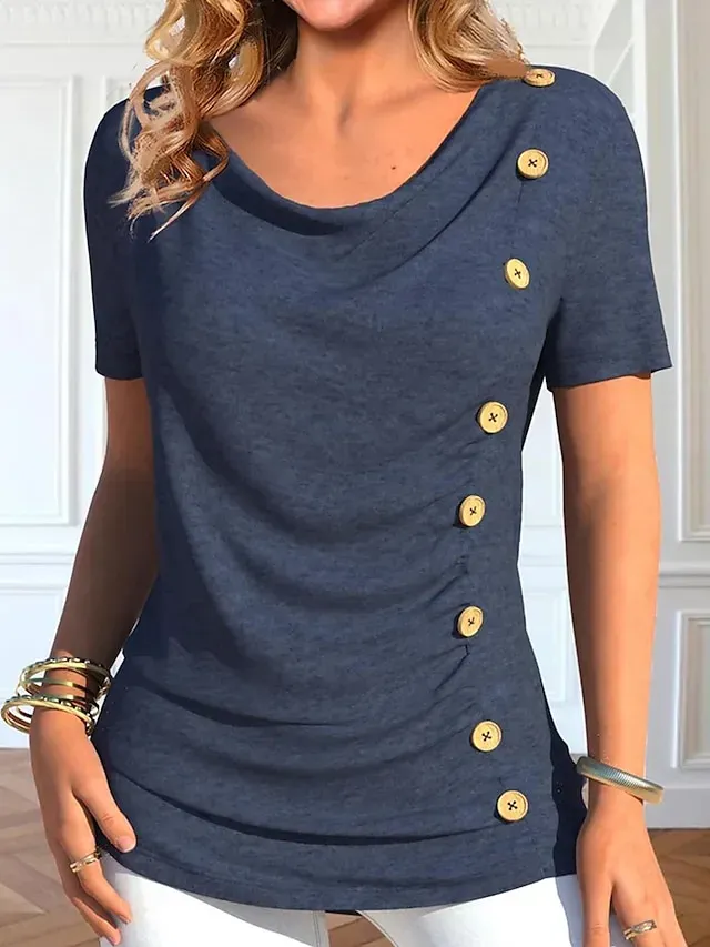 Women's T shirt Tee Blouse Black Red Navy Blue Plain Button Short Sleeve Casual Basic Round Neck Regular S
