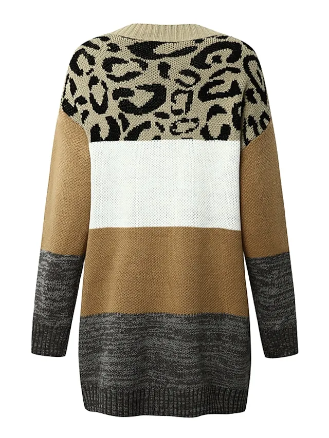 Women's Pullover Sweater Jumper V Neck Crochet Knit Knit Patchwork Knitted Fall Winter Tunic Going out Weekend Stylish Long Sleeve Color Gradient Brown S M L