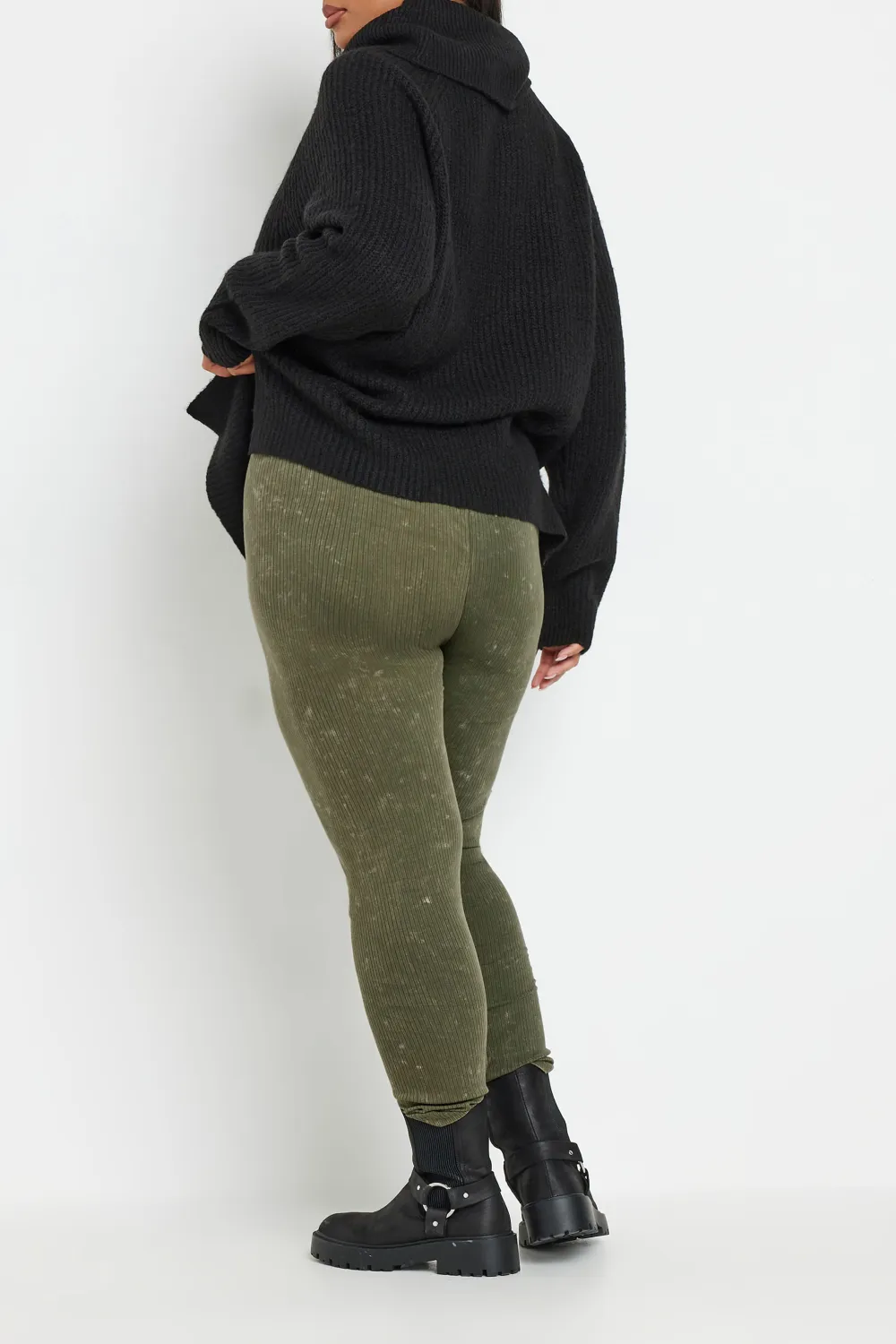 YOURS Curve Khaki Green Acid Wash Ribbed Leggings