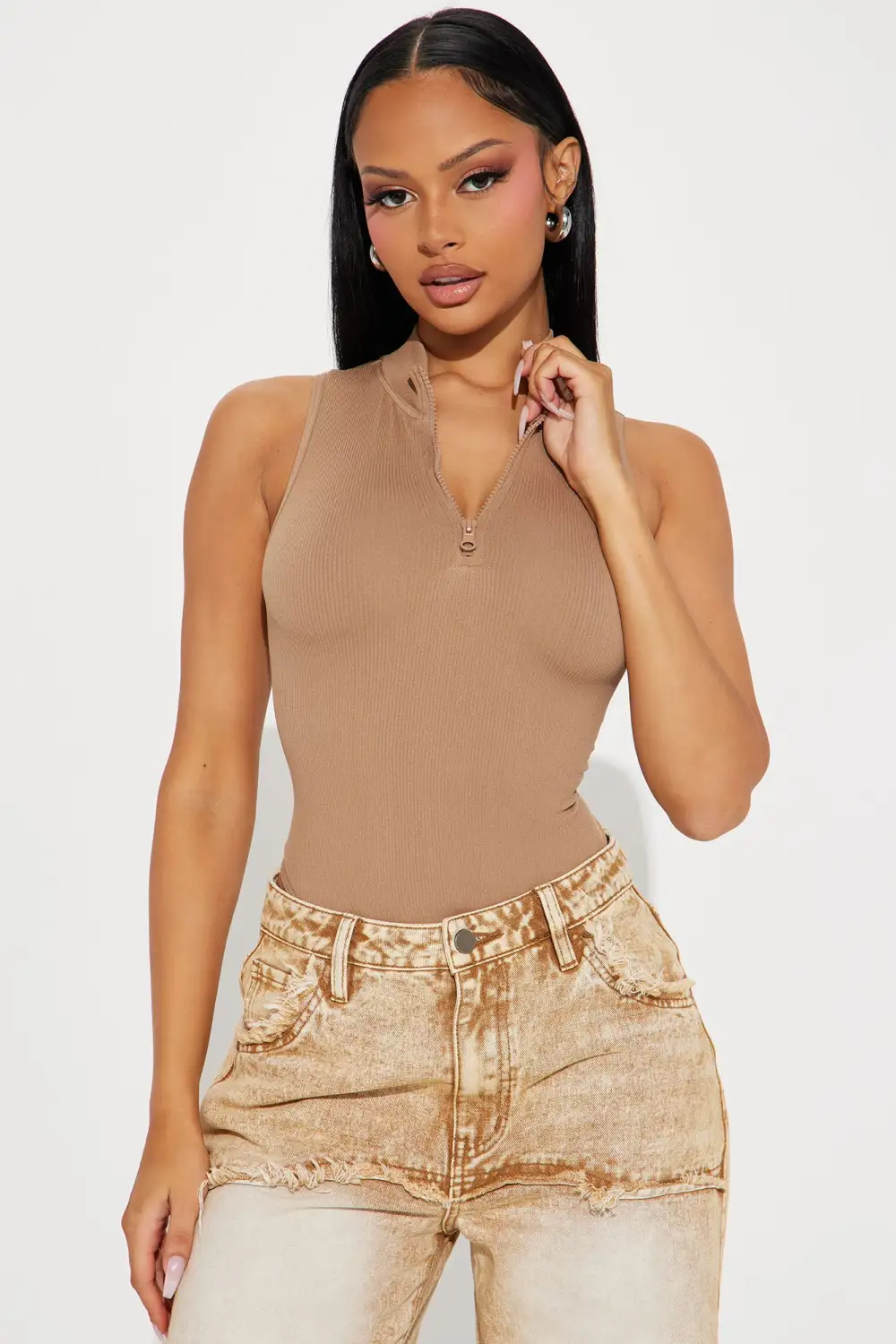 Lizette Zipper Bodysuit - Mocha