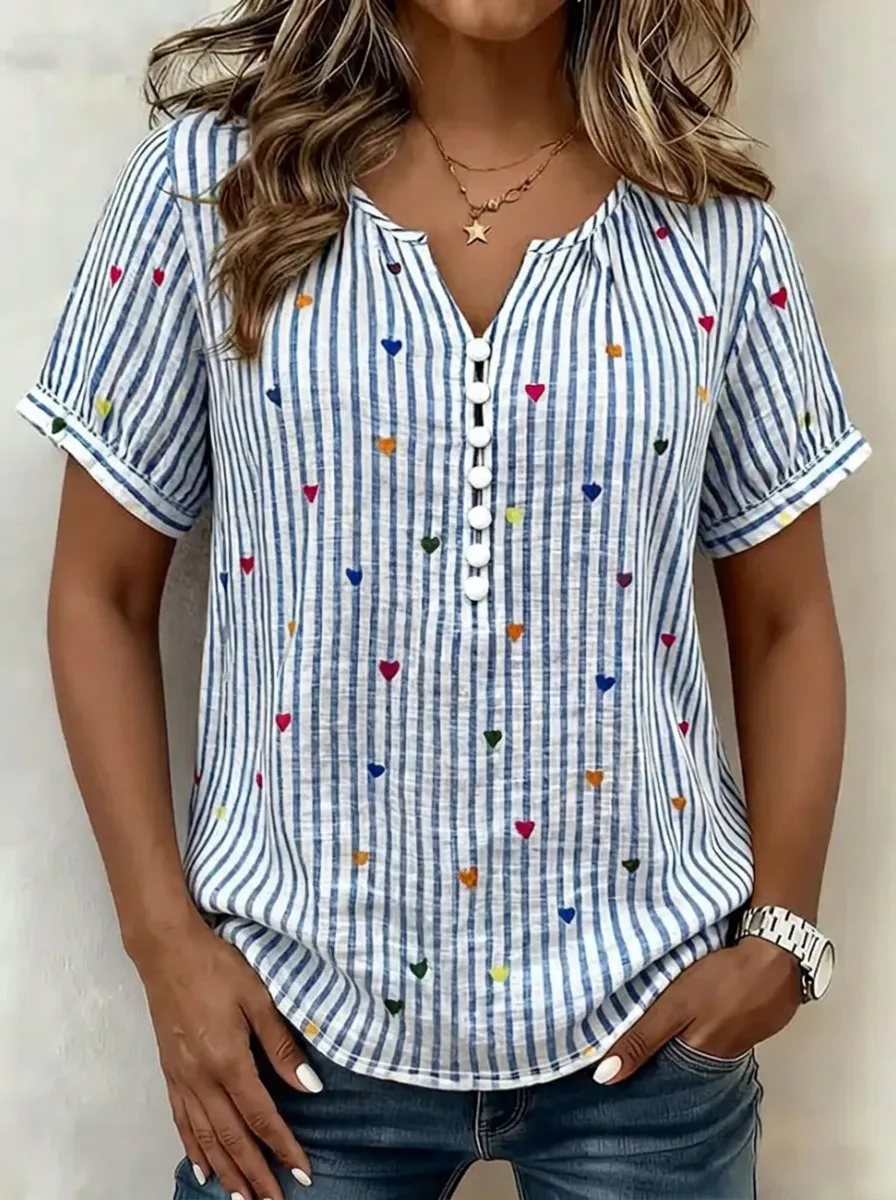 Women's Nashville Heart Striped Pattern Printed V-neck Top