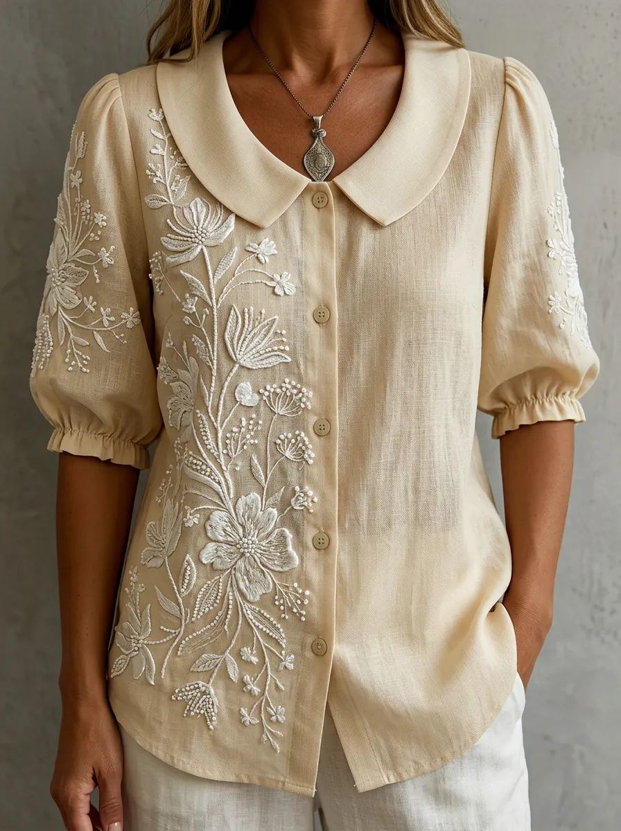 Women's Nashville Floral Embroidery Peter Pan Collar Button-up Shirt