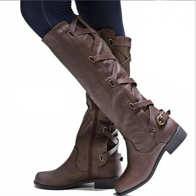Women's Boots Biker boots Lace Up Boots Riding Boots Party Outdoor Knee High Boots Chunky Heel Fashion Classic Casual PU Solid Color dark brown claret Black