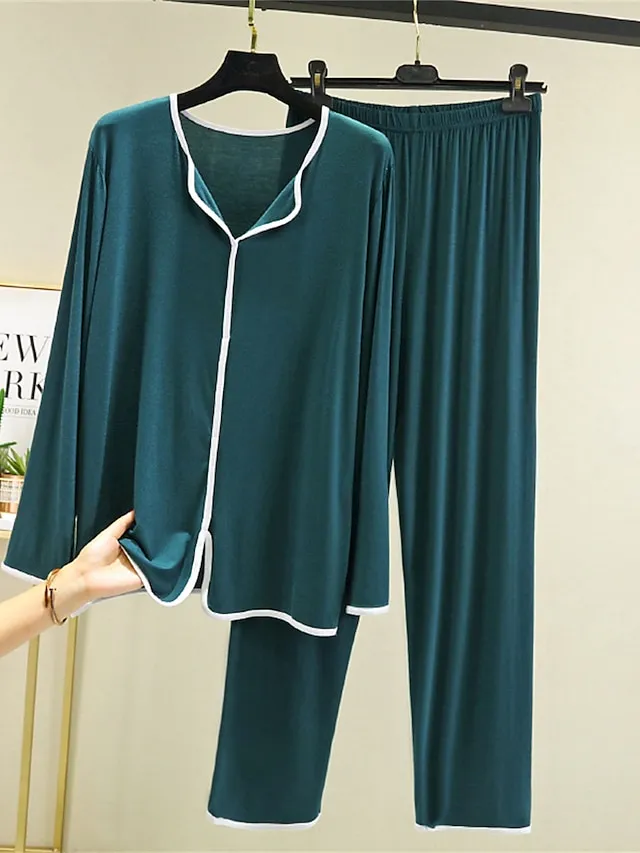 Women's Pajamas Pajama Top and Pant Sets 2 Pieces Pure Color Fashion Casual Soft Home Daily Bed Modal Breathable Lapel Long Sleeve Pant Summer Spring Yellow Pink