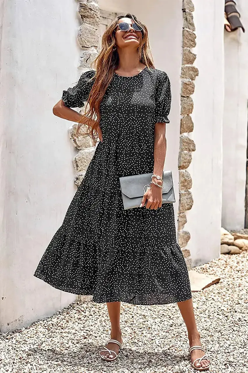 Floral Print Ruffle Puff Sleeve High Waist Midi Dresses