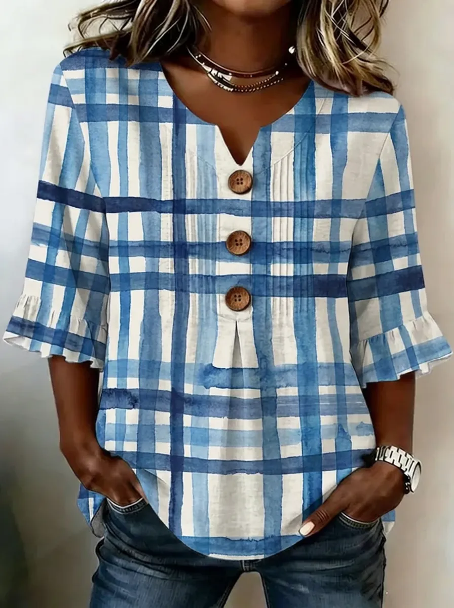 Women's Nashville Country Style Blue Plaid Printed Button V-Neck Top