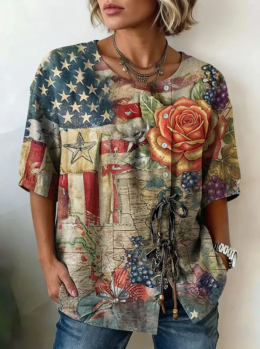 Women's Nashville USA Flag Rose Floral Printed Button Top