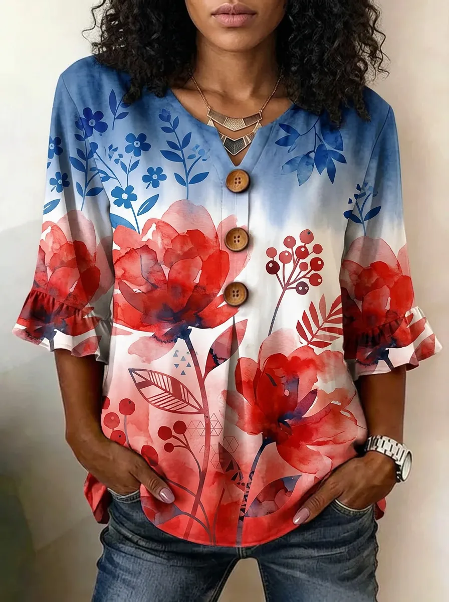 Women's Nashville Floral Watercolor Printed V-Neck Button Top