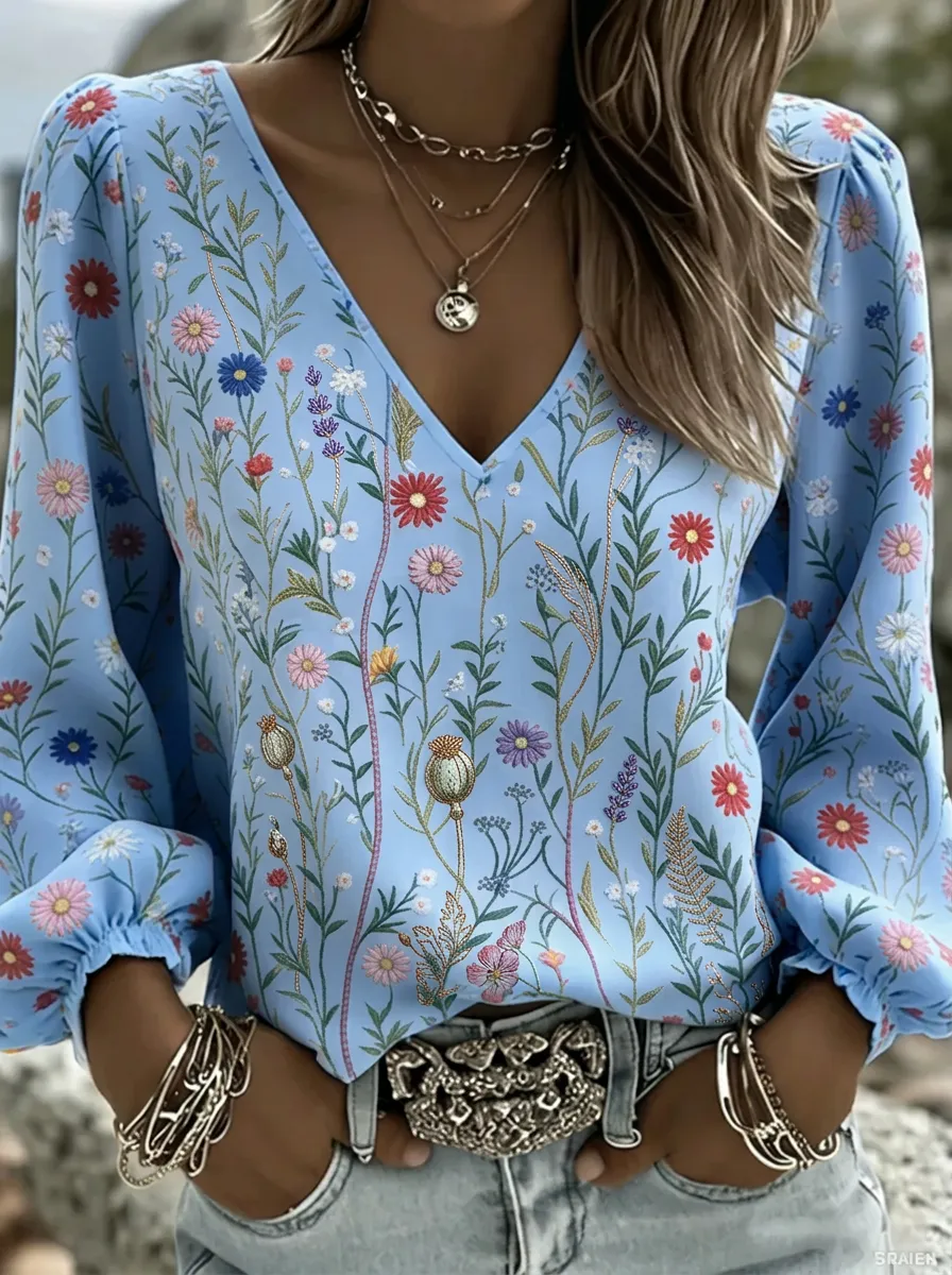 Women's Nashville Wildflower Botanical Printed V-neck Top