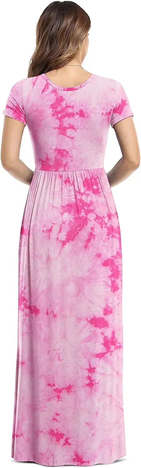 Women's Short Sleeve Loose Plain Maxi Dresses Casual Long Dresses with Pockets