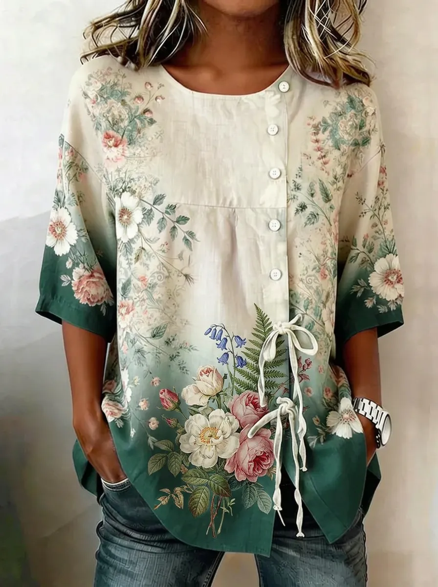 Women's Nashville Floral Botanical Printed Button-Up Top