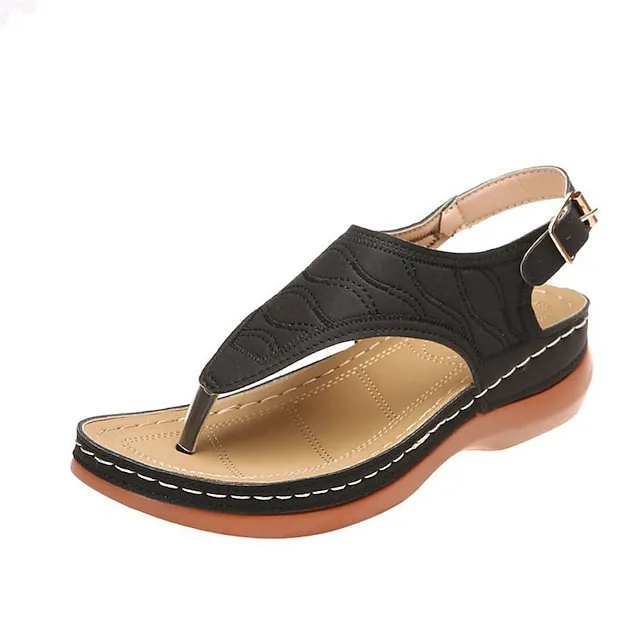 Women's Sandals Wedge Sandals Plus Size Daily Summer Buckle Wedge Heel Open Toe Casual PU Leather Ankle Strap Solid Colored Black Red Blue