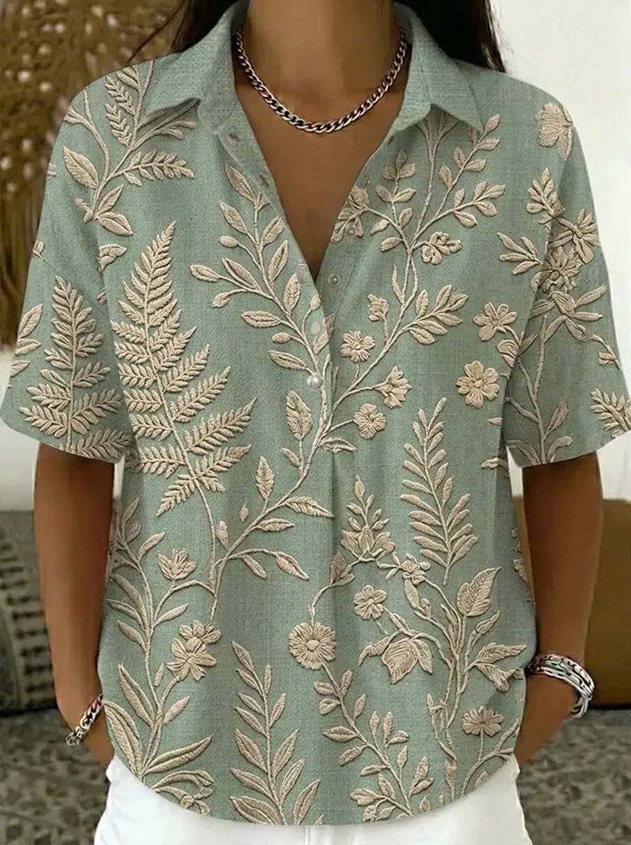 Women's Nashville Botanical Fern Floral Printed V-Neck Shirt