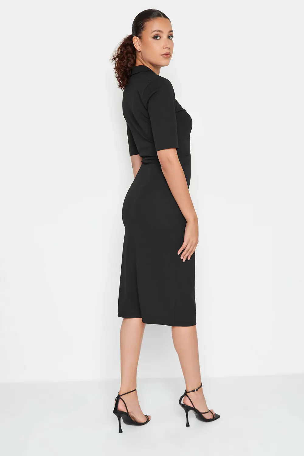 LTS Tall Black Ruched Button Midi Dress