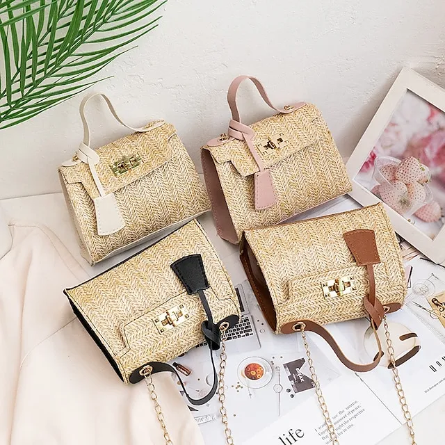 Fashion Women Straw Woven Shoulder Crossbody Messenger Bag Casual Ladies Summer Beach Vacation Chain Small Handbags Flap Purse