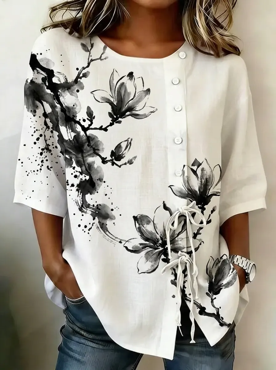 Women's Nashville Floral Ink Wash Printed Button-Down Top