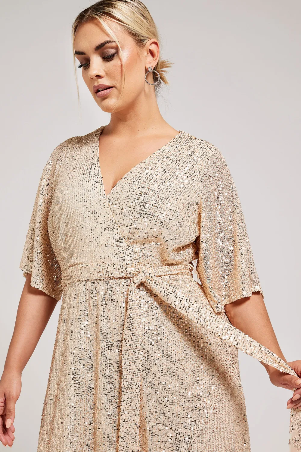 YOURS LONDON Curve Champagne Gold Sequin Wrap Dress