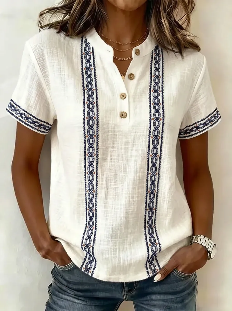 Women's Nashville Western Geometric Pattern Printed Henley Shirt