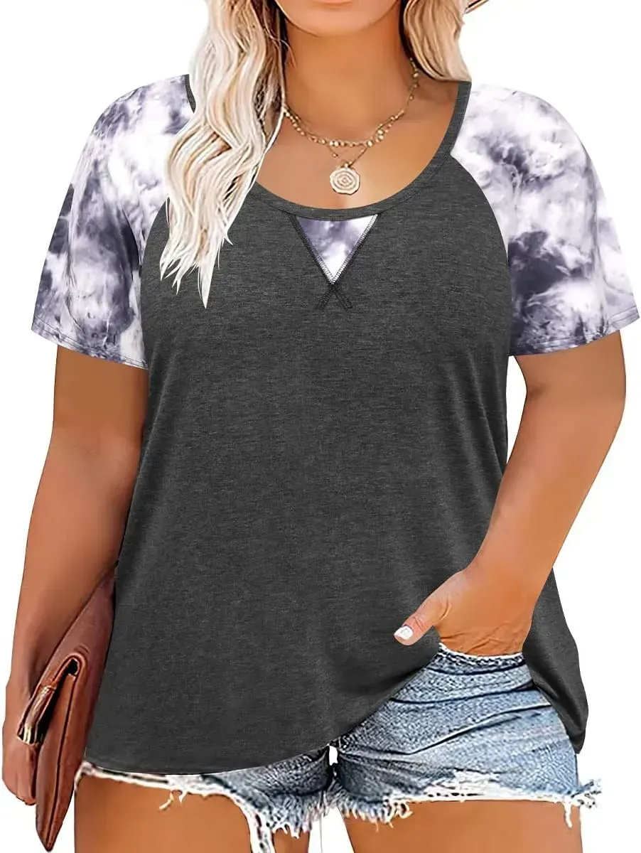 TIYOMI Plus Size T Shirt for Women Short Sleeve Tunic Cross Line Shirts Round Neck Tops Summer Blouse XL-5XL 14-28