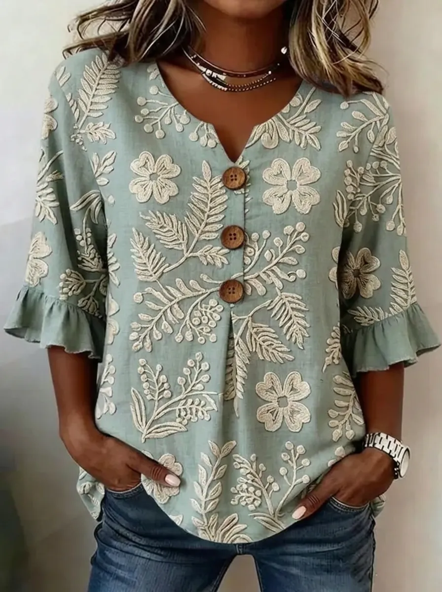 Women's Nashville Floral Embroidery Buttoned Ruffle Sleeve Top