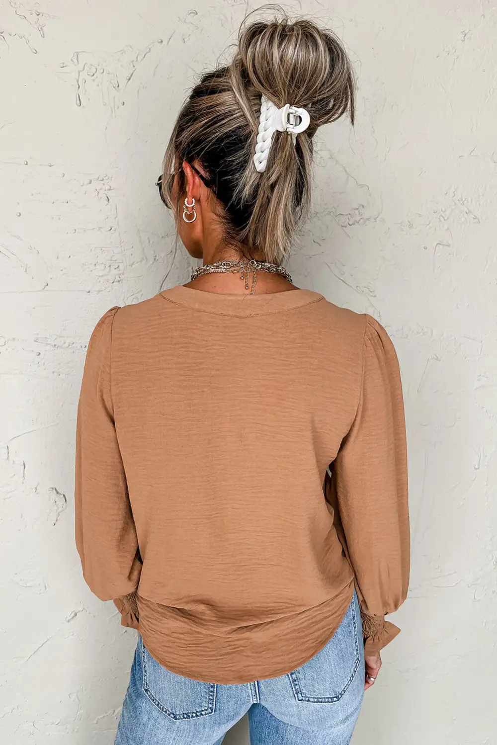 Smocked Shirred V-Neck Blouse