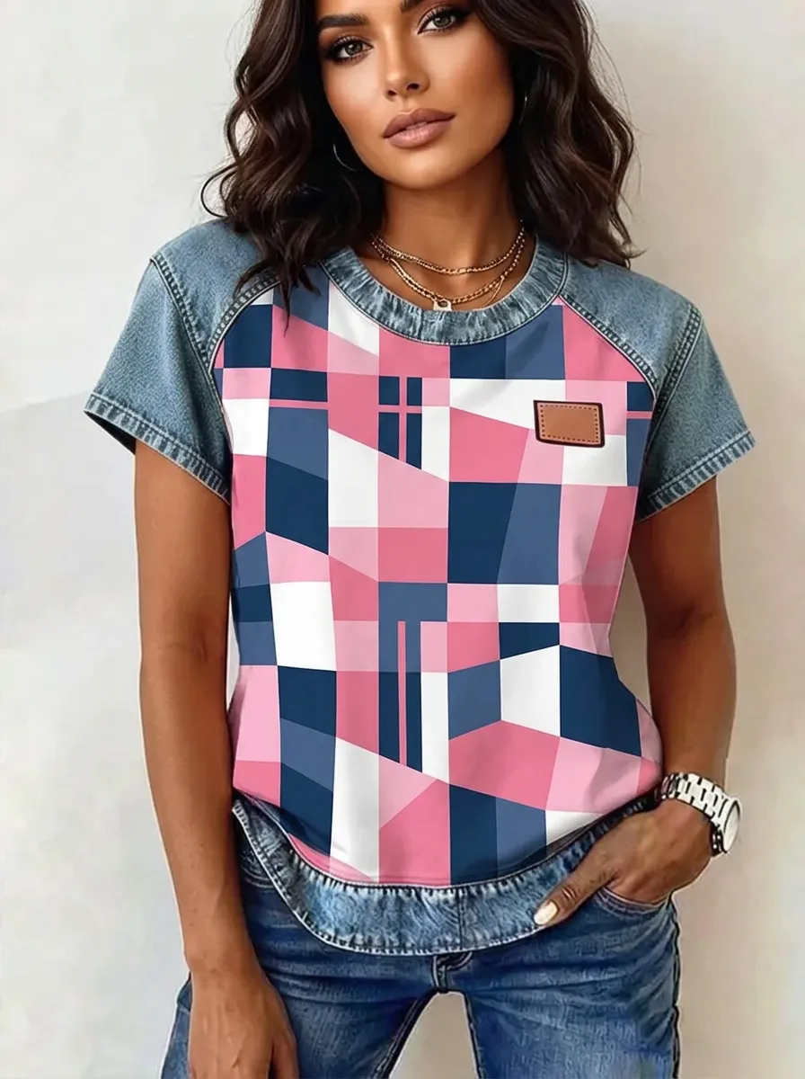 Women's Nashville Geometric Plaid Patchwork Printed T-shirt
