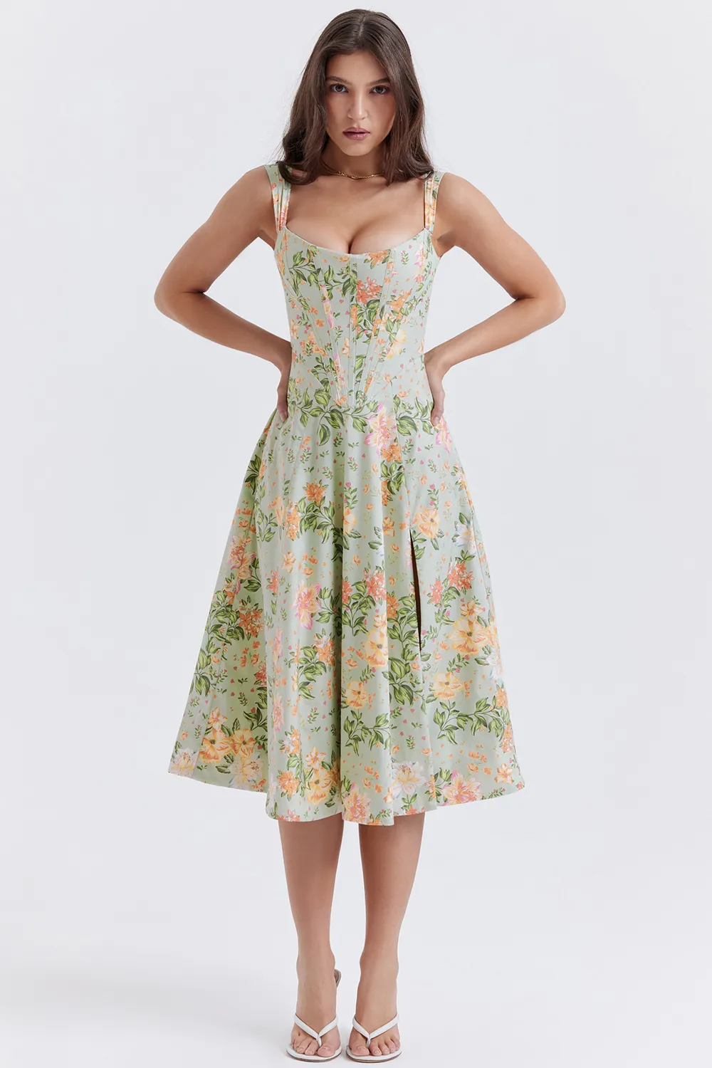 FLORAL LACE-UP CORSET A-LINE SUN DRESS