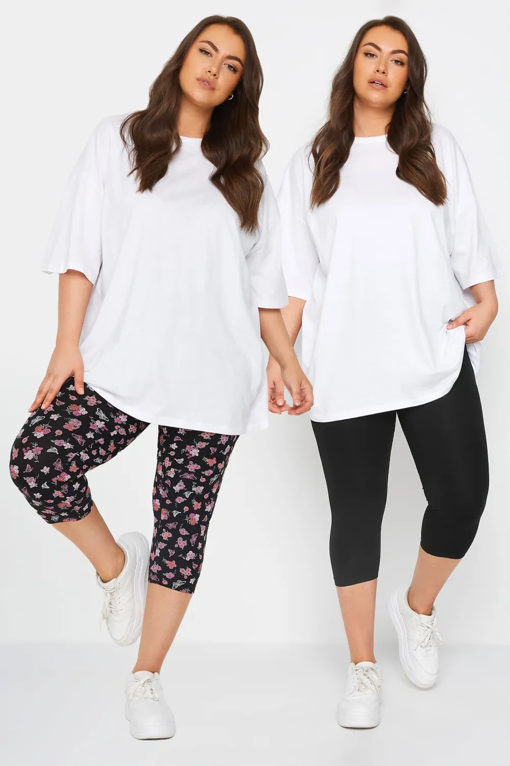 YOURS Curve 2 PACK Black & White Ditsy Floral Print Cropped Leggings