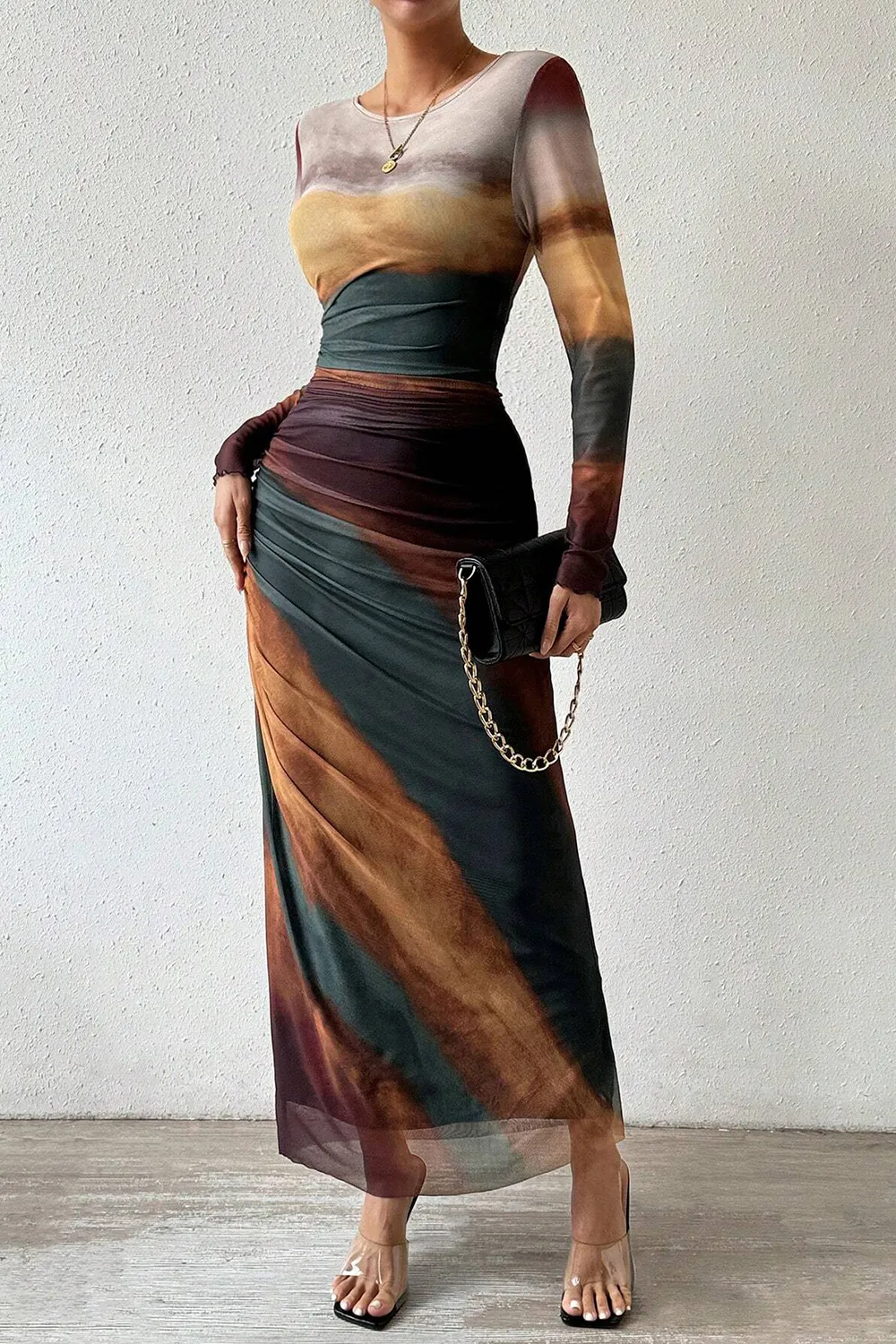 Women's Tie Dye Long Sleeve Pleated Dress Multicolor