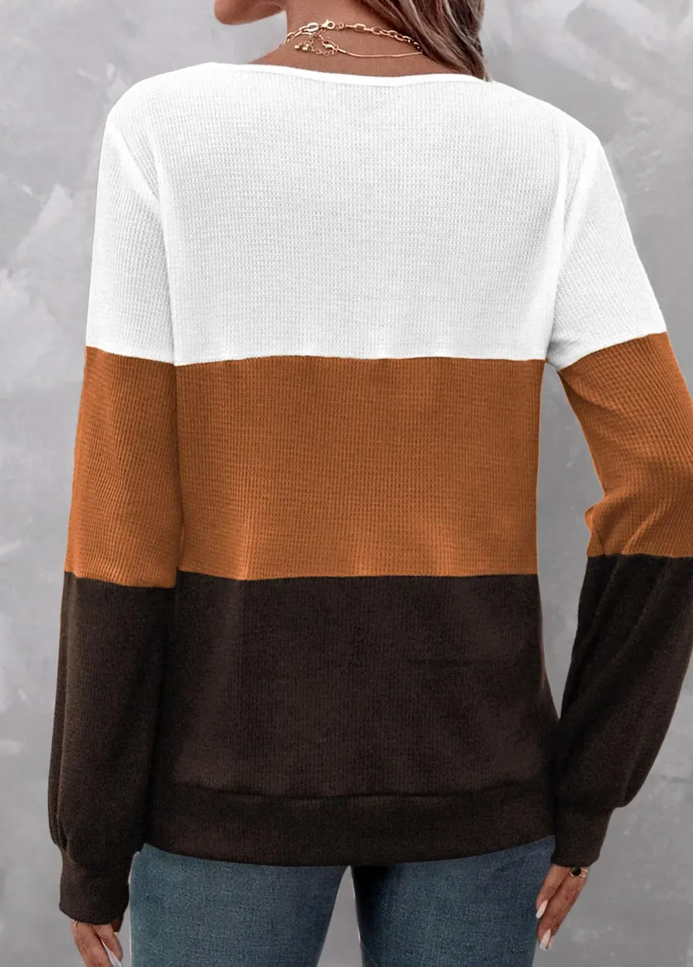 Dark Coffee Patchwork Long Sleeve V Neck Sweatshirt