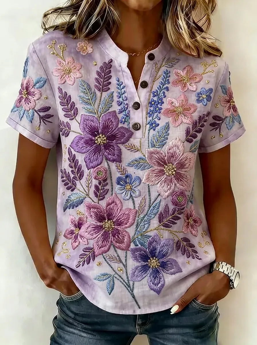 Women's Nashville Floral Embroidery Printed Henley Shirt