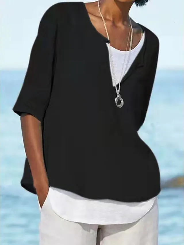 Women's Shirt Blouse Plain Black White Pink Half Sleeve Holiday Casual Beach V Neck Regular Fit