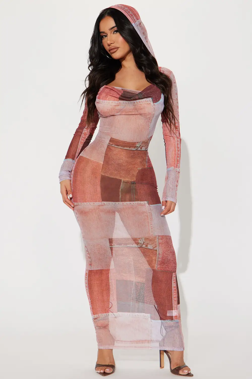 Dayna Hooded Mesh Maxi Dress - Rust/combo
