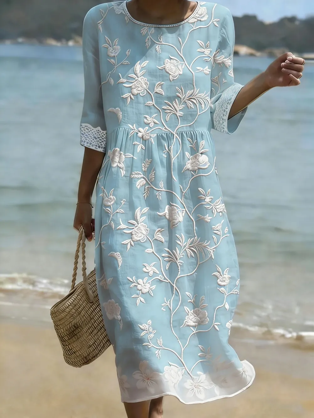 Women's Casual Solid Color Round Neck Mid-Sleeve Floral Print Cotton Linen Dress