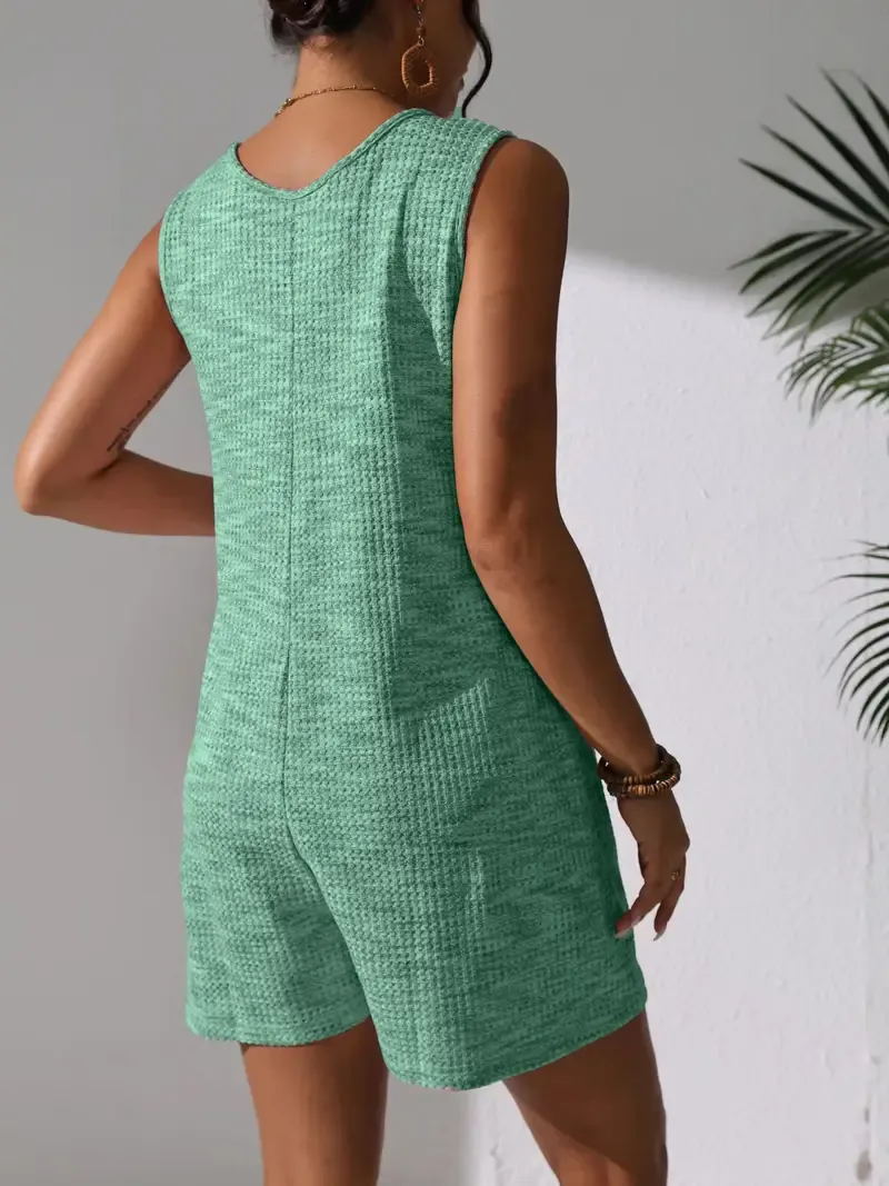 New Summer Casual Women'S Jumpsuit with Vibrant Waffle Texture, Stylish Sleeveless Tank Top, Pockets, And Buttoned Shorts.