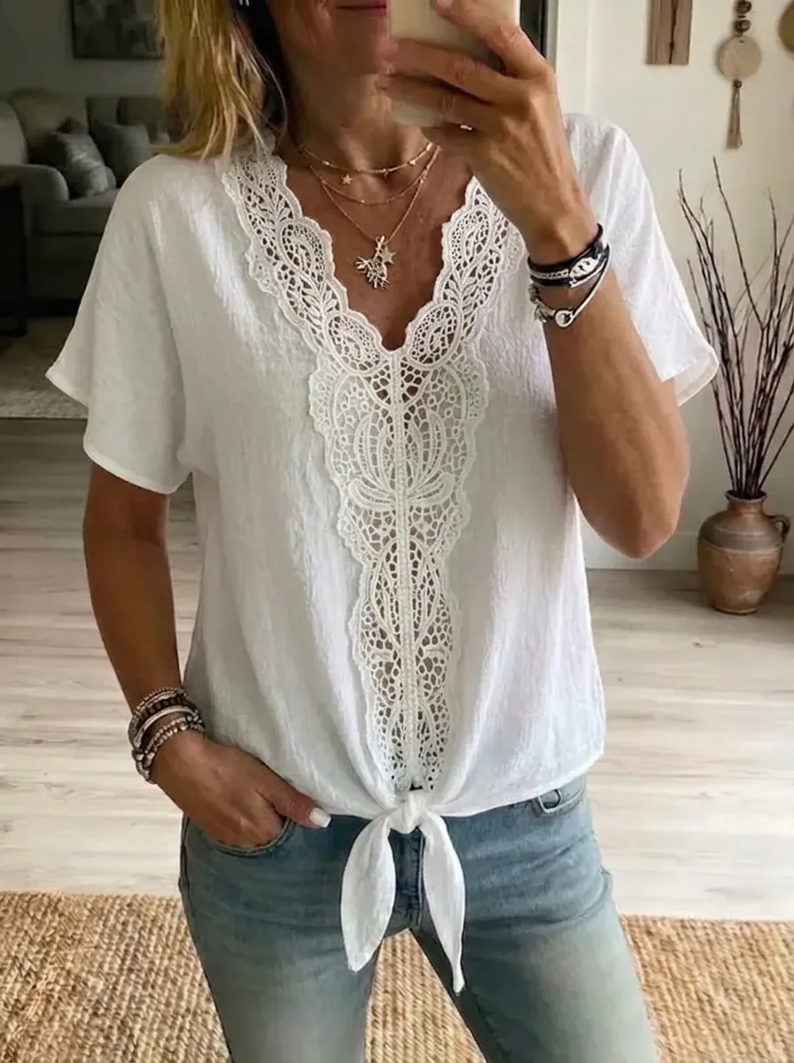 Women's Nashville Country Music Lace Trim Tie Front Printed Top