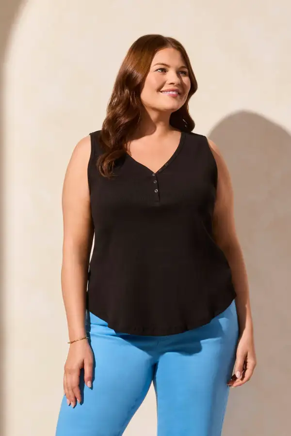 Solid Cotton Henley Tank Top-Black