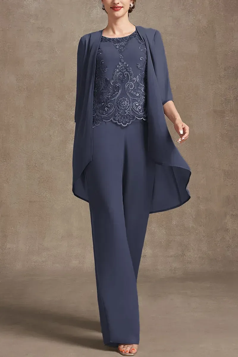 Plus Size Embroidery Chiffon Three Pieces Set Pant Suits