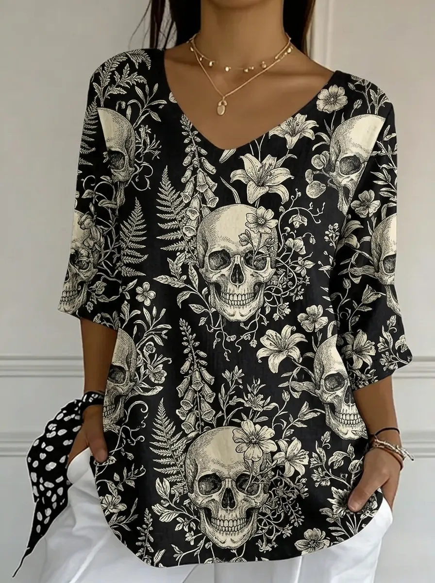 Women's Nashville Skull Floral Printed V-neck Top