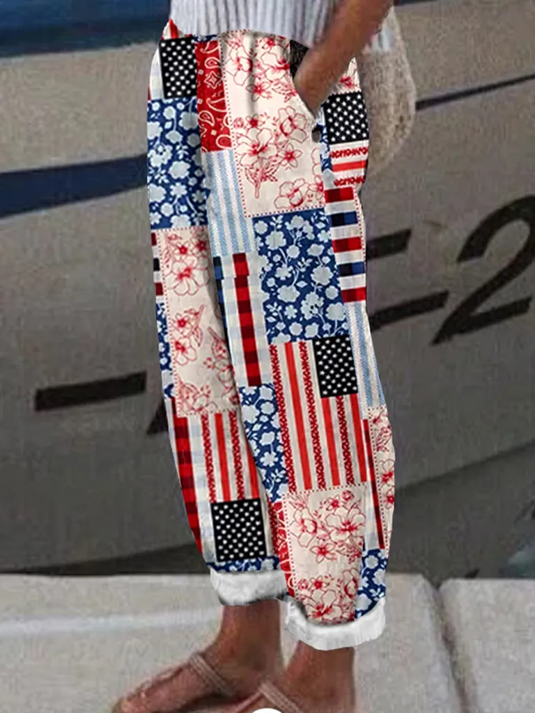 Women's Independence Day American Flag Patch Floral & Paisley Art Linen Blend Casual Pants