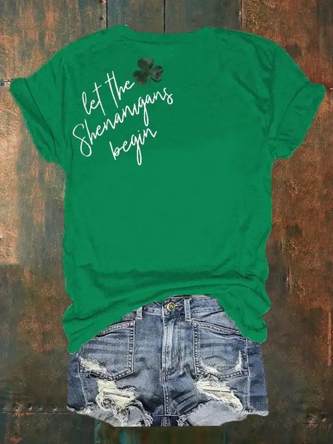 Women's St. Patrick's Day Let The Shenanigans Begin Lucky Shamrock Casual Tee