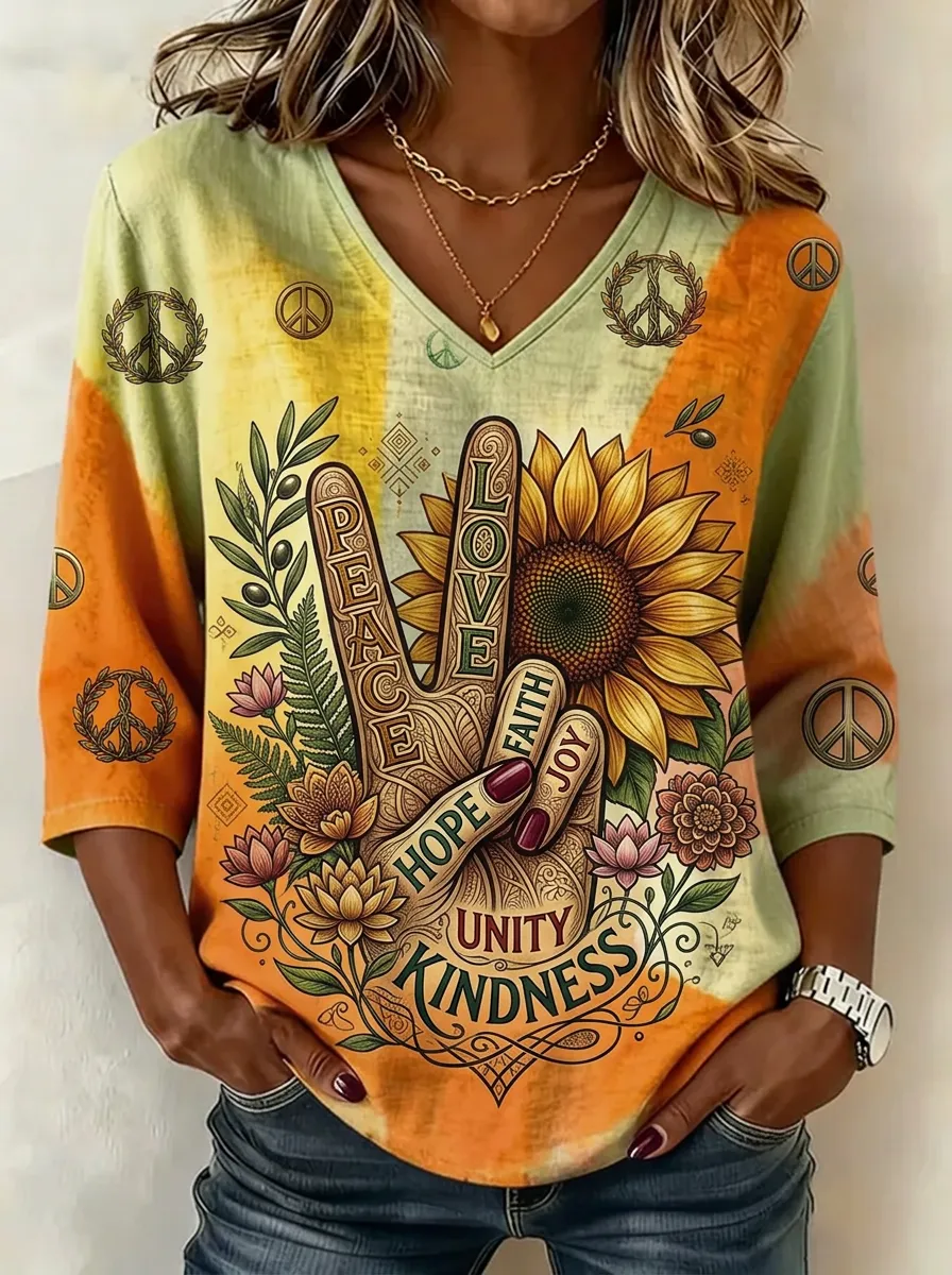 Women's Nashville Sunflower Peace Sign Printed V-neck Top