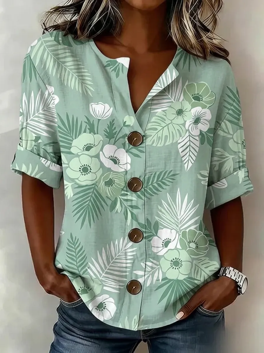 Women's Nashville Tropical Floral Palm Leaf Printed Button-up Shirt