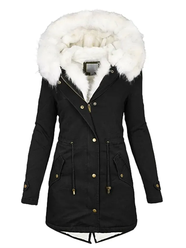 Women's Winter Coat Fleece Lined Parka Hoodie Jacket Windproof Warm Puffer Jacket Streetwear Casual Heated Coat with Fur Collar Jacket Long Sleeve Color Block Pocket Pink Army Green Khaki
