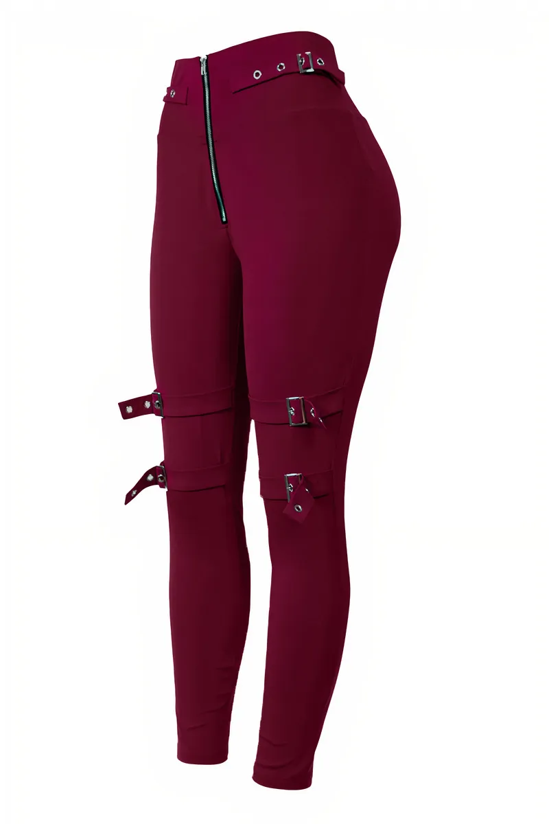 Zip Front Buckle Belted Skinny Pants